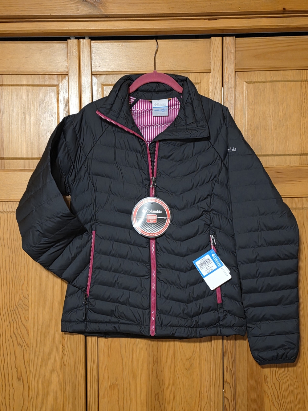 Columbia Black Women's Packable Puffer Jacket with Pink Accents
